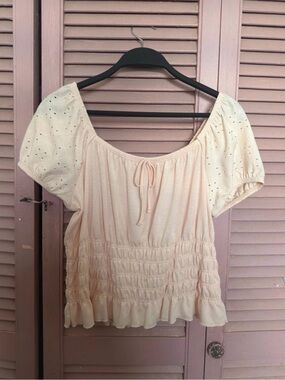 Smocked Waist Puff-Sleeve Blouse in Soft Cream